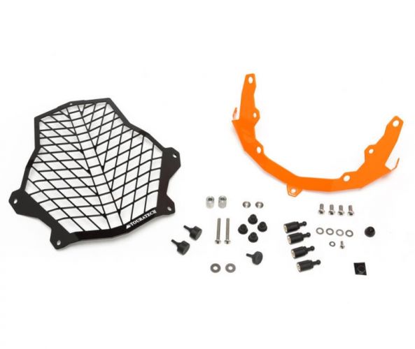 01-371-5096-0 Stainless steel black/orange headlight protector, for KTM 1050/ 1090/ 1190 Adventure R/ 1290 S Adv *OFFROAD USE ONLY*