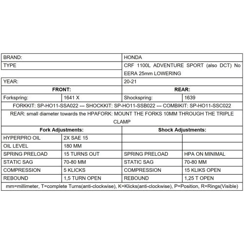 01-403-5844-0 Ressorts de fourche progressifs pour Honda CRF1100L Adventure Sports (2020-2025) abaissement de -25mm