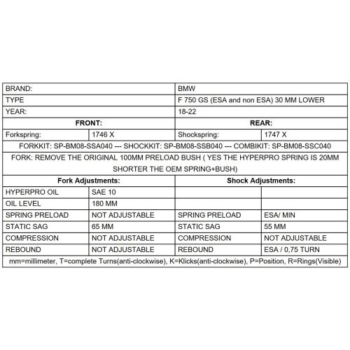 01-082-5883-0 Abaissement de 30mm BMW F750GS (2018-2023), BMW F800GS (2024-) ressort de rechange à partir de 2018