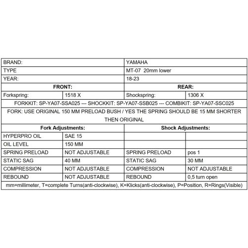 01-629-8004-0 Touratech Suspension Abaissant -20mm pour Yamaha MT-07 (USA: FZ-07) 2018 - 2020