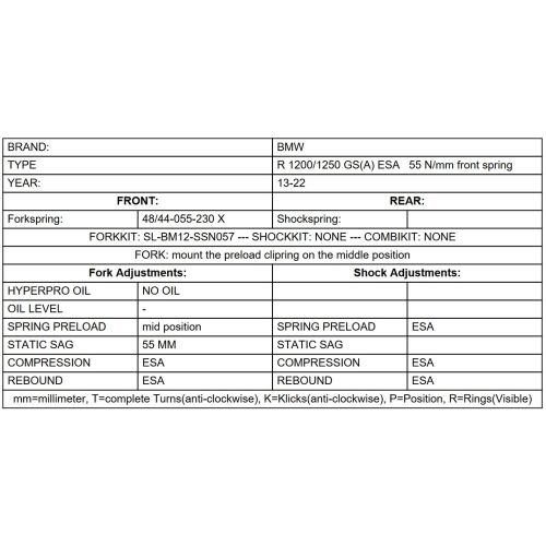01-045-7430-0 Ressort de remplacement LINEAR / FRONT 55N/mm pour BMW R1200GS / R1250GS 2013-2024 