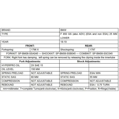 01-082-5889-0 Ressorts de fourche progressifs pour BMW F850GS/BMW F850GS Adventure a partir de 2018 abaissement de -25mm