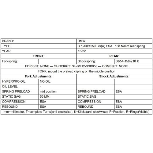01-045-7433-0 Ressort de remplacement LINEAR / Derriere 158N/mm pour BMW R1200GS / R1250GS Adventure 2014-2024 