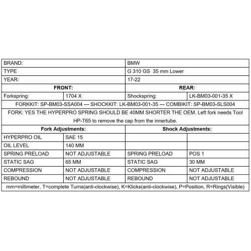 01-300-5841-0 Abaissement de -35 mm pour les ressorts de fourche et le renvoi de la BMW G310GS (2017-2023)