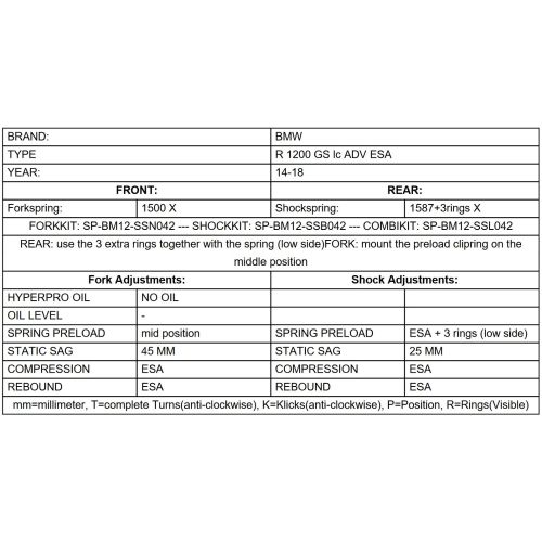 01-045-7443-0 Ressorts de rechange progressifs pour avant et arriere et ressort-amortisseur BMW R1200GS (LC) Adventure 2014-2018 