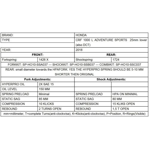 01-402-5841-0 Ressorts de fourche progressifs pour Honda CRF1000L Africa Twin Adventure Sports a partir de 2018 abaissement de 25mm