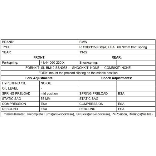 01-045-7431-0 Ressort de remplacement LINEAR / FRONT 60N/mm pour BMW R1200GS / R1250GS Adventure 2014-2024 