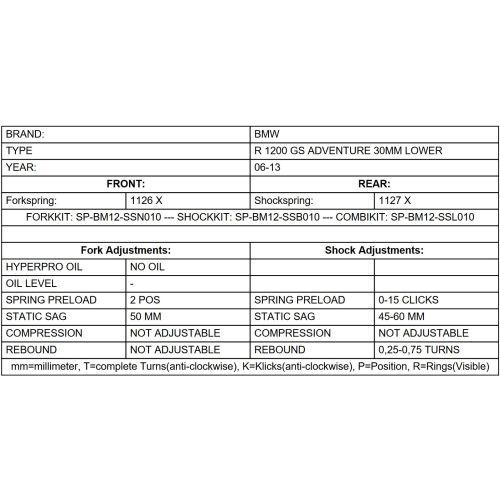 01-044-8005-0 Ajuste de suspension en -30mm muelles de intercambio para BMW R1200GS Adventure 2006 - 2013