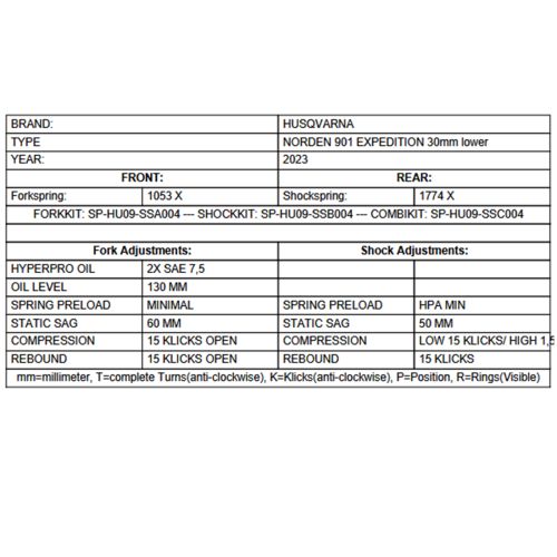 01-414-5886-0 Jeu de ressorts progressifs avec réduction de hauteur de -30mm, pour Husqvarna Norden 901 Expedition