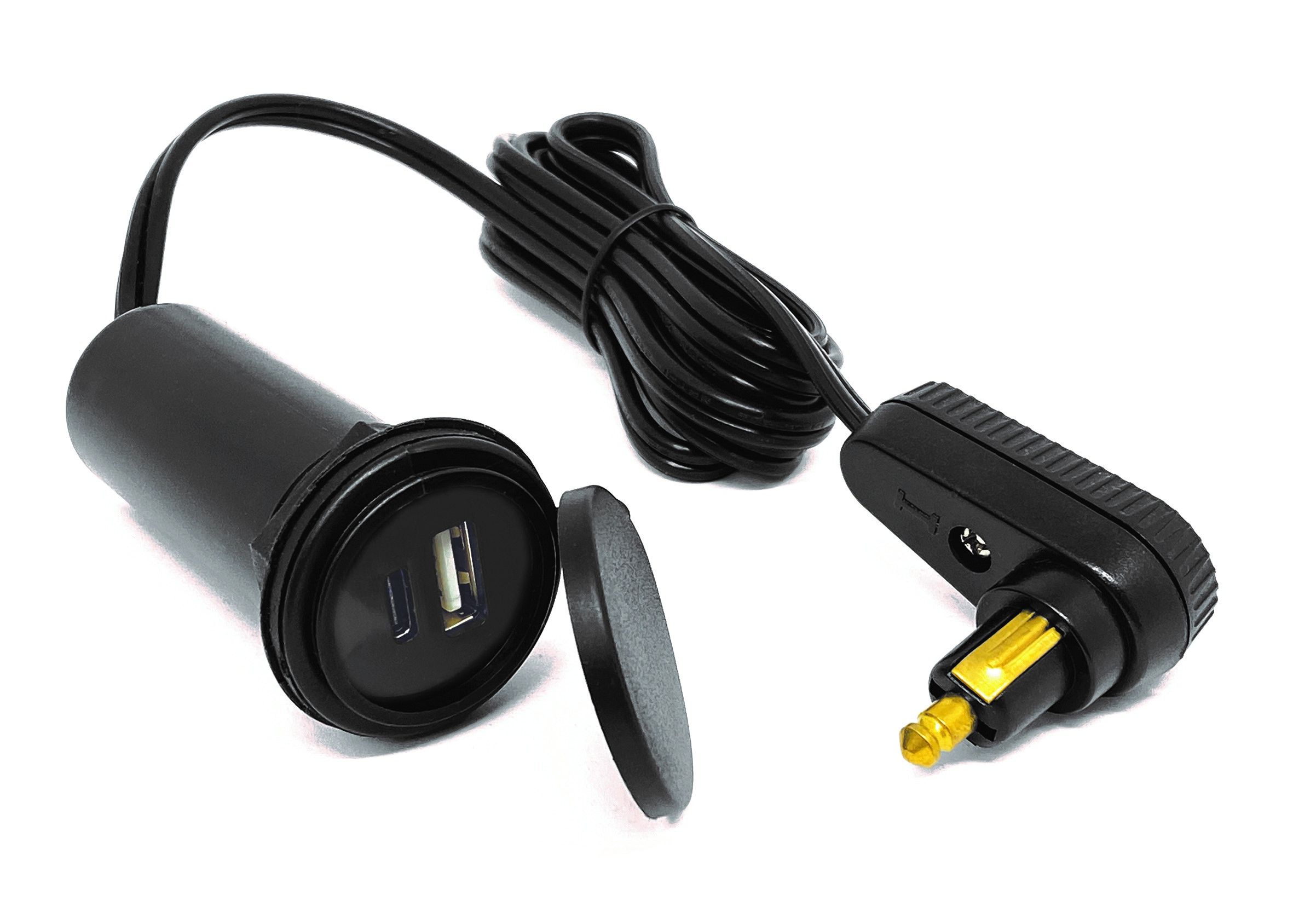 Cable USB pour sac a dos de reservoir avec chargeur double USB A et USB C et fiche coudee pour prise de bord DIN Touratech Online shop for motorbike accessories